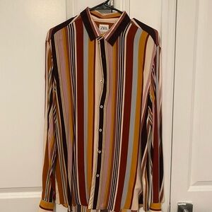 Zara Men’s Striped Button-Down Shirt in Rust, Mustard & Pink